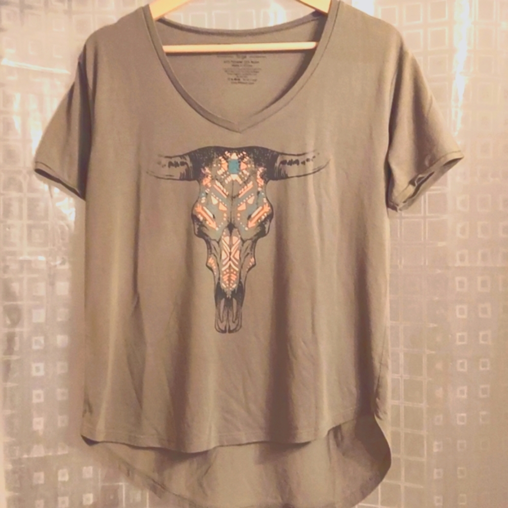 Fifth Sun Olive Green Short Sleeve Tee with Bull Skull Design